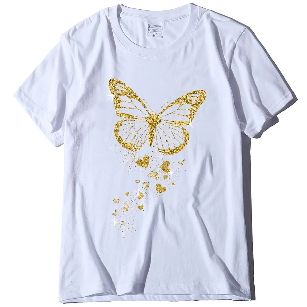 Papillon doré imprimé femmes t-shirt à manches courtes col rond femmes t-shirt dames t-shirt hauts v