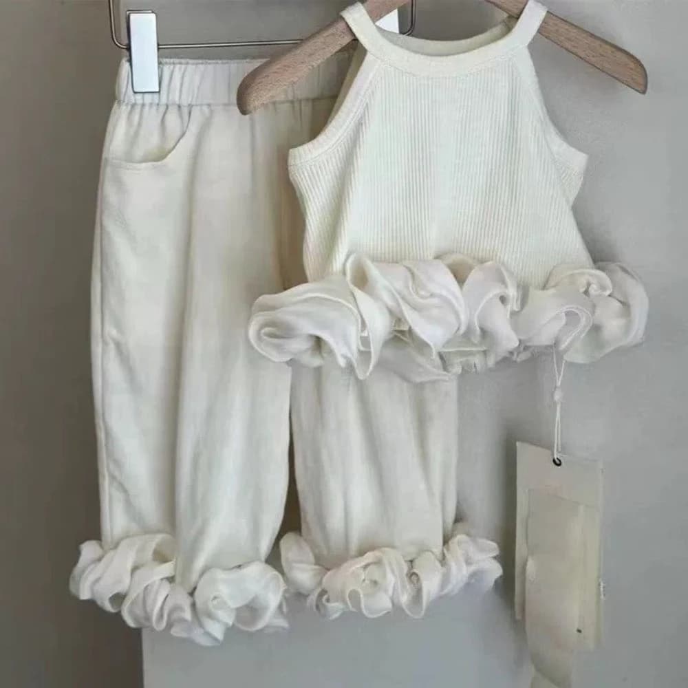 Nouvel ensemble d'été pour filles de 2 à 7 ans : haut sans manches à col rond en dentelle de couleur