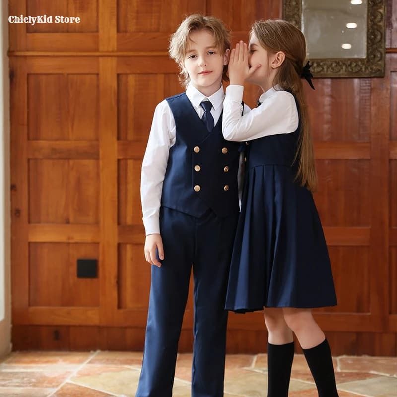 Garçons britannique Double boutonnage gilet costume pantalon filles robe enfants étudiant vêtements 