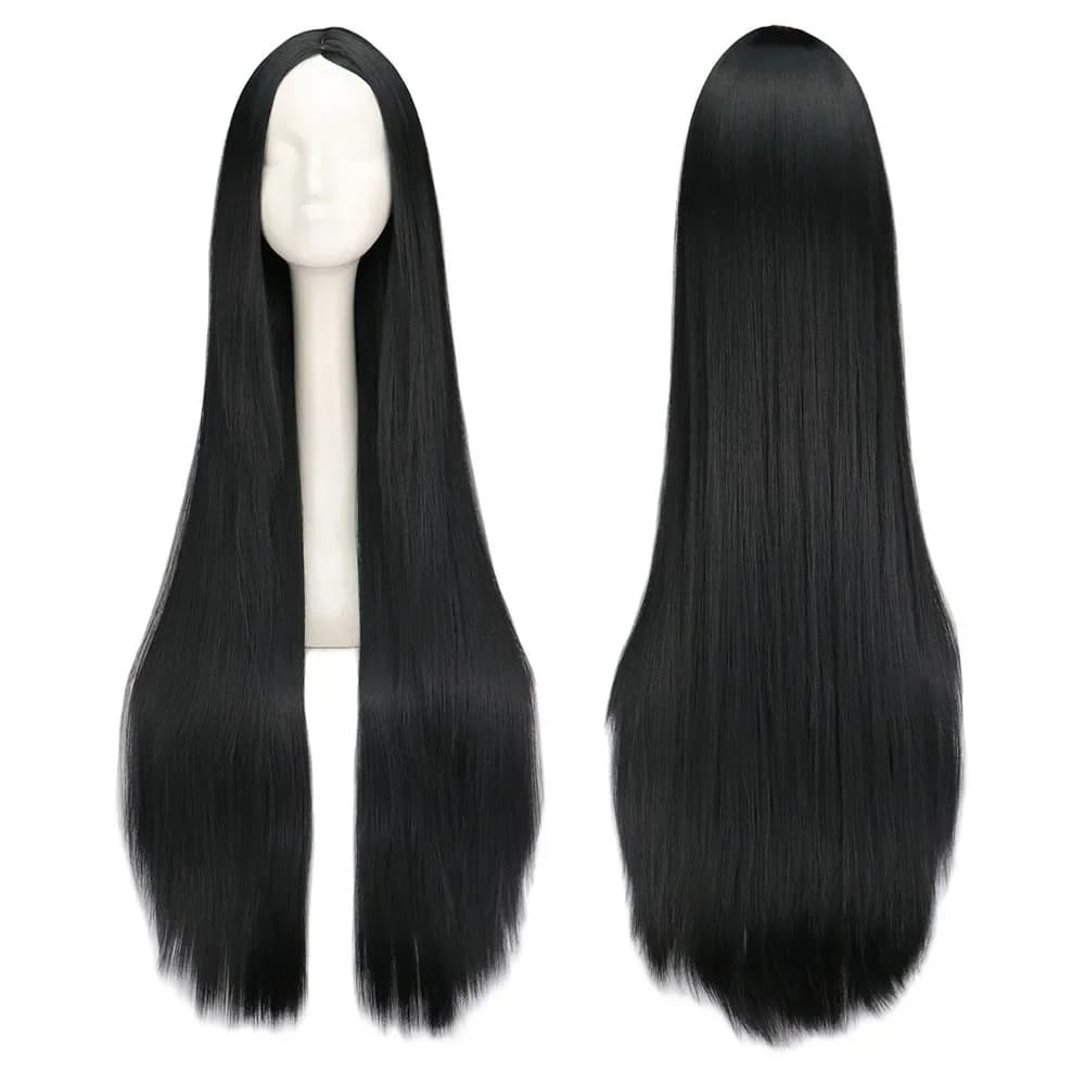 Perruque Synthétique Longue Noire de 100cm/40 ans, Cheveux Lisses, Degré de Chaleur, Costume de Carn