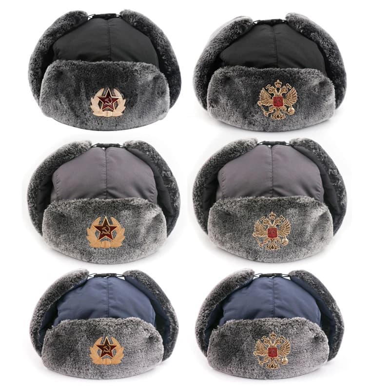 Chapeau d'hiver pour homme, chapeau de trappeur russe, avec Badge soviétique, fausse fourrure, rabat