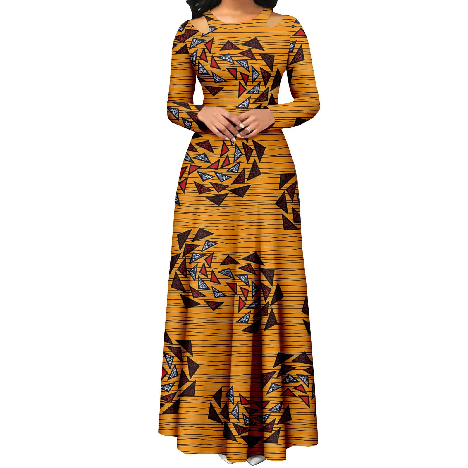 AfriPrecCasual-Robe trapèze en coton pour femmes, tissu imprimé Ankara, manches longues, sans bretel