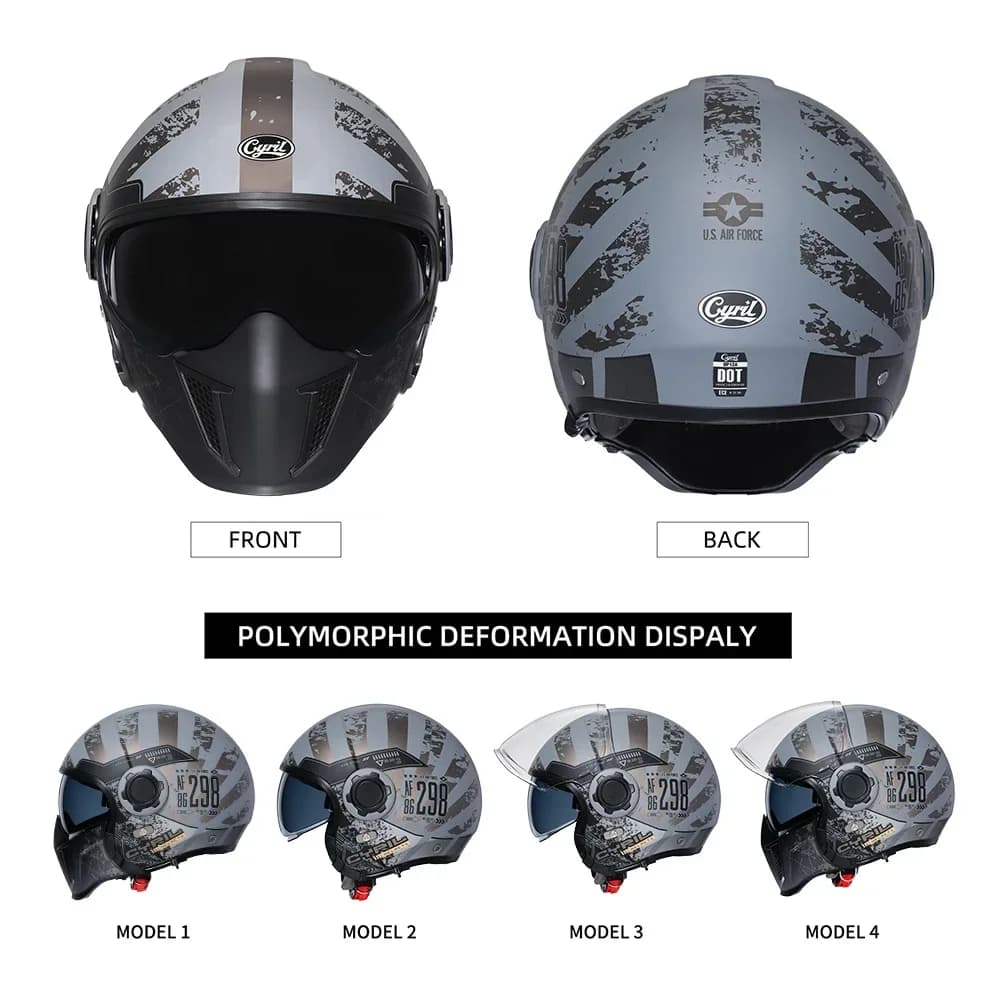 Casque de Moto Intégral à Visage Ouvert, Modulaire à Double Objectif, Rétro, DOT ECE APPROVED CYRIL 