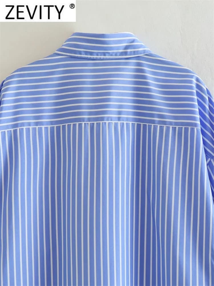 Zevity femmes mode blanc bleu rayé imprimé chemise ample bureau dame Double poche Patch Smock Blouse