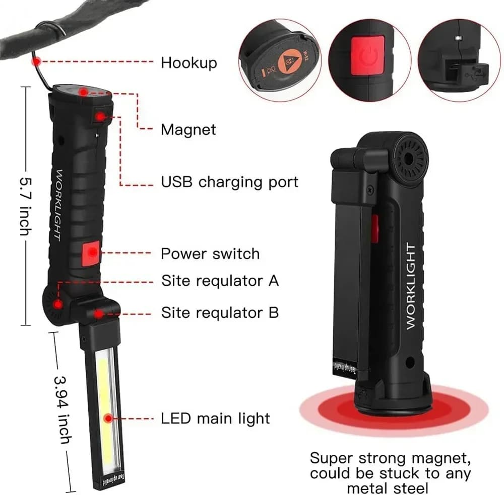 Lampe de travail LED COB à intensité variable, Rechargeable par USB, lampe d'inspection avec aimant 
