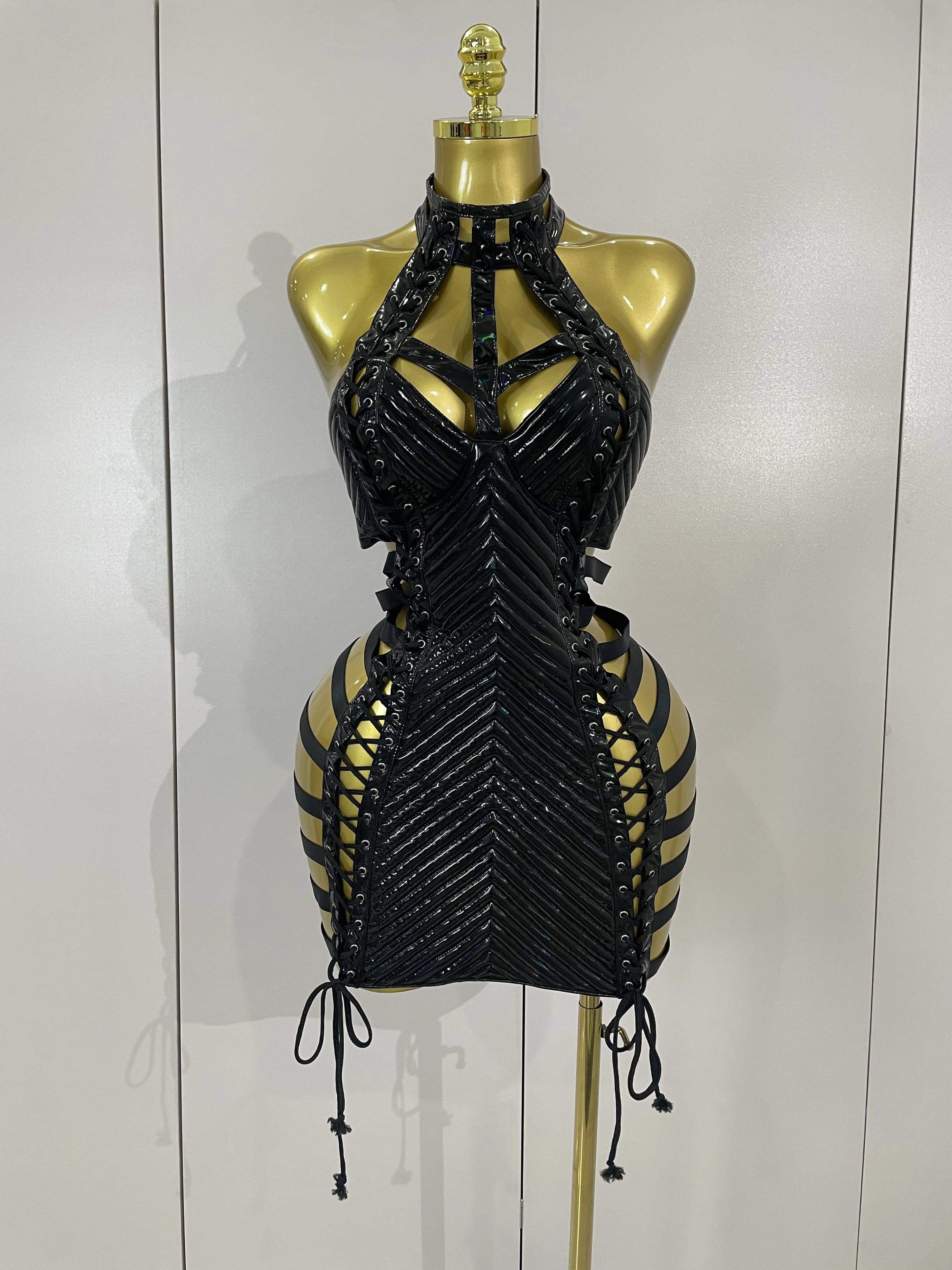 Robe courte en cuir noir pour femmes, Sexy, ajourée, gothique, col licou, chanteur de danse Gogo, di