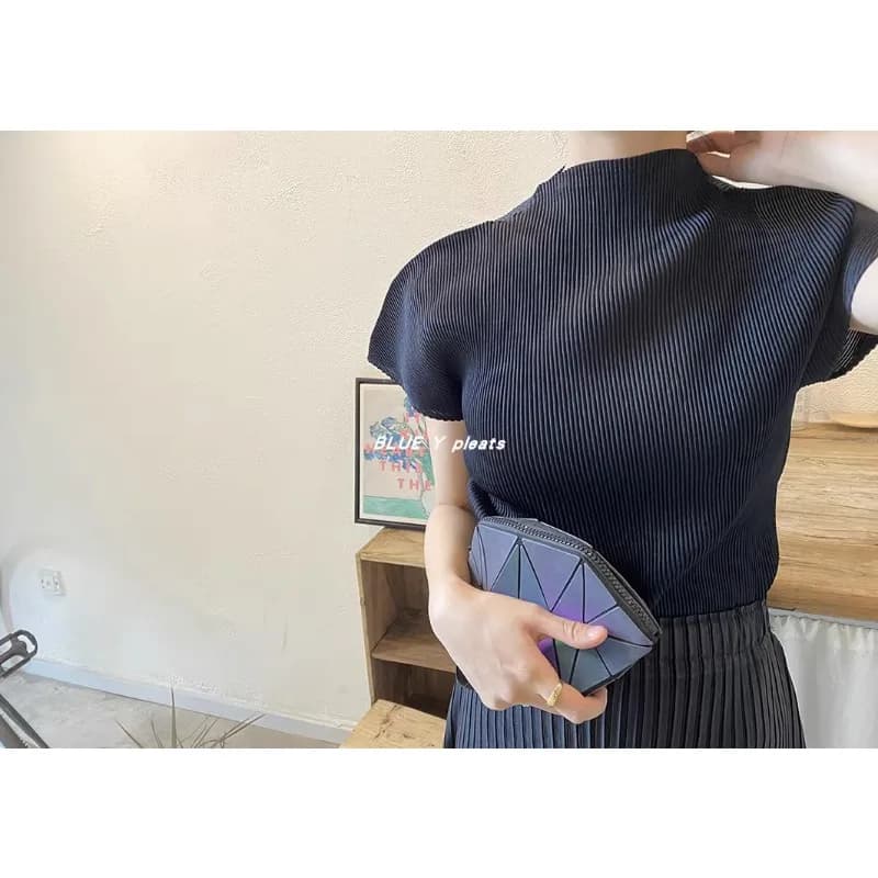 T-shirt à manches courtes plissé pour femme, haut blanc, col mi-haut, noir, mode adt, haute qualité,