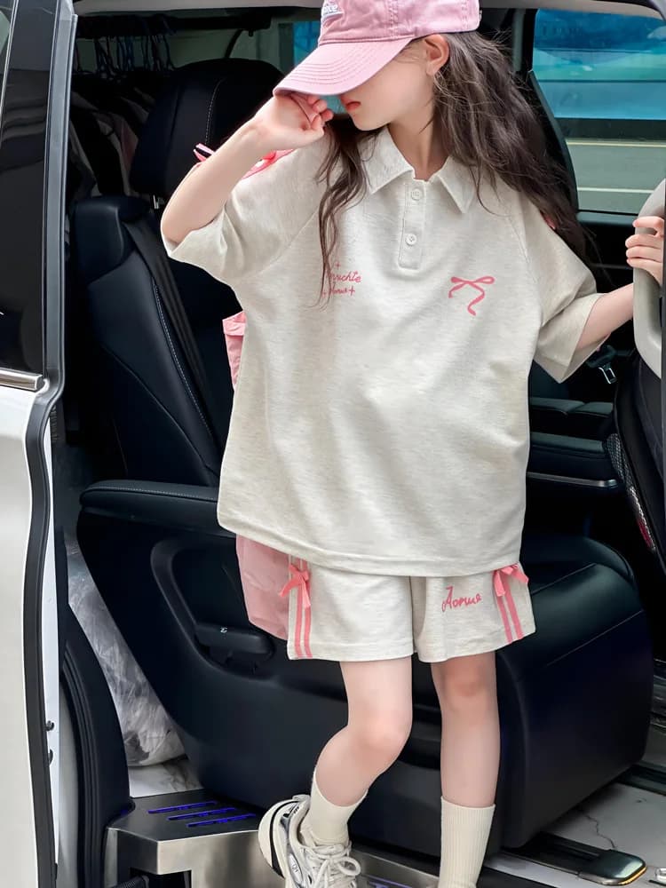 T-Shirt de sport d'été pour filles, costume avec nœud en sangle, pour grands enfants, Version coréen
