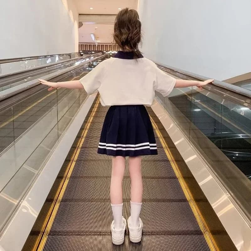 Ensemble de vêtements d'été pour adolescentes, t-shirt à revers et jupes plissées pour enfants, haut