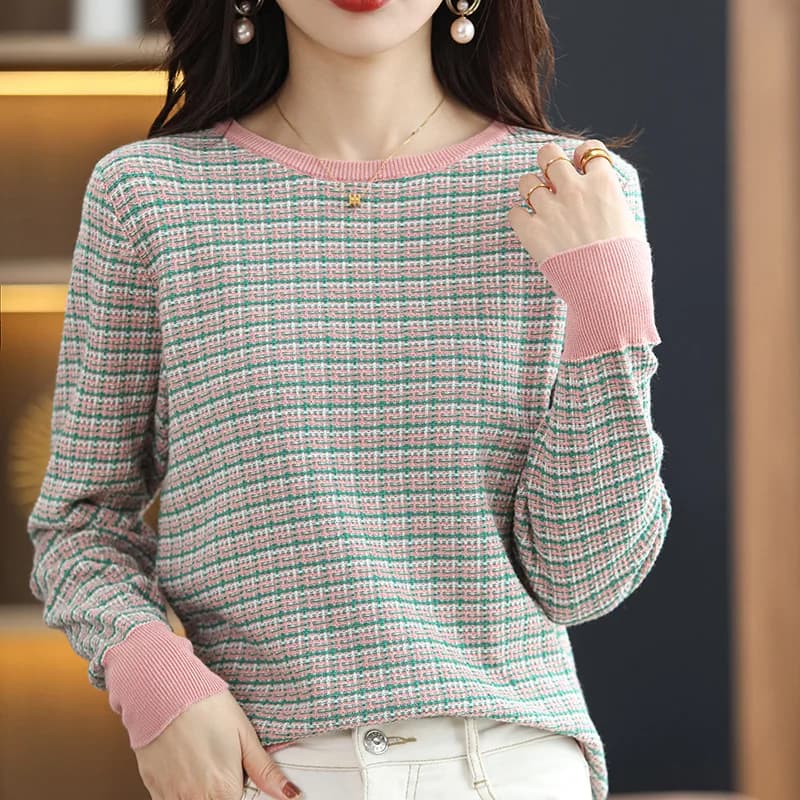 Pull doux à col rond pour femme, vêtement chaud, décontracté, à rayures contrastées, 100% coton, col