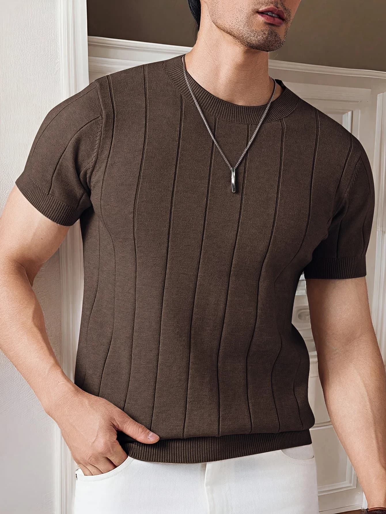 T-shirt tricoté slim pour homme, col rond, couleur unie, manches courtes, décontracté, business, ten