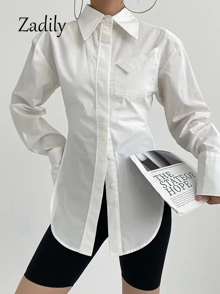 Zadily 2025 automne nouveau en Streetwear à manches longues chemise blanche femmes minimaliste poche