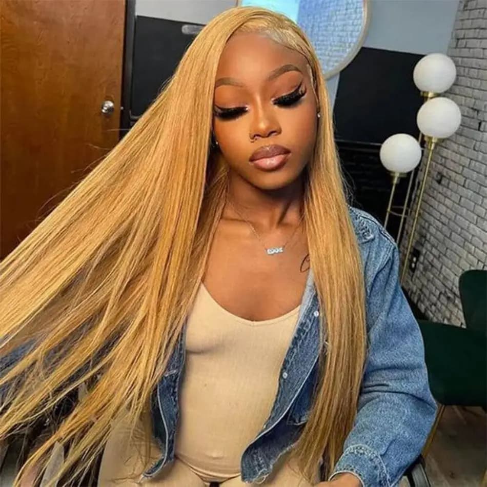 Perruques de cheveux humains lisses blond miel 27, colorées, avec dentelle frontale HD 13x6, perruqu
