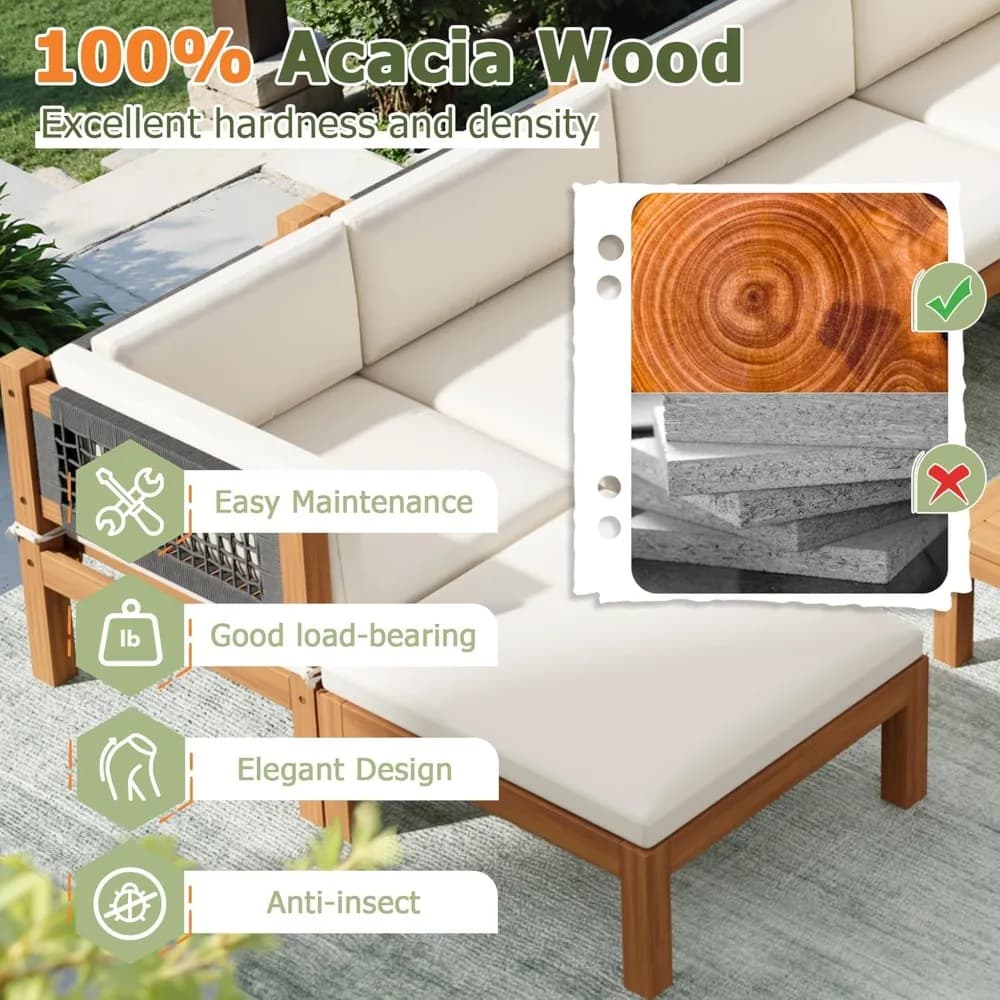 Canapé de Patio en bois d'acacia 7 pièces, siège d'entraîneur sectionnel extérieur et causeuse avec 