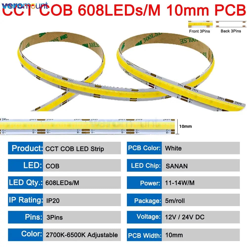 Bande LED COB CCT à Intensité Variable pour Touriste, Ruban Linéaire Flexible, Haute Densité, 3 Fils