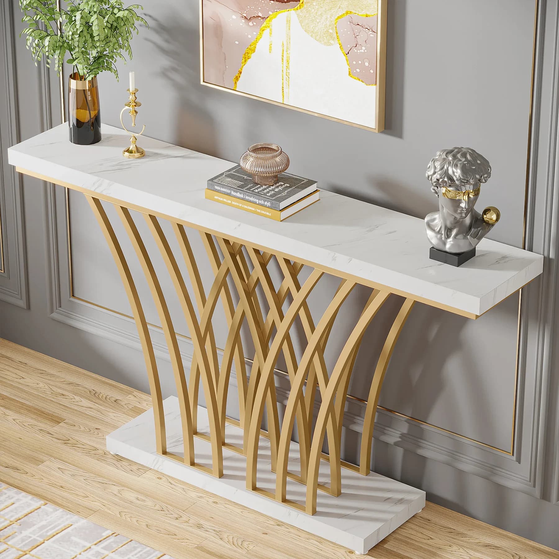 Tribesigns Table console dorée de 59 pouces, table d'entrée moderne avec base en métal en forme de g