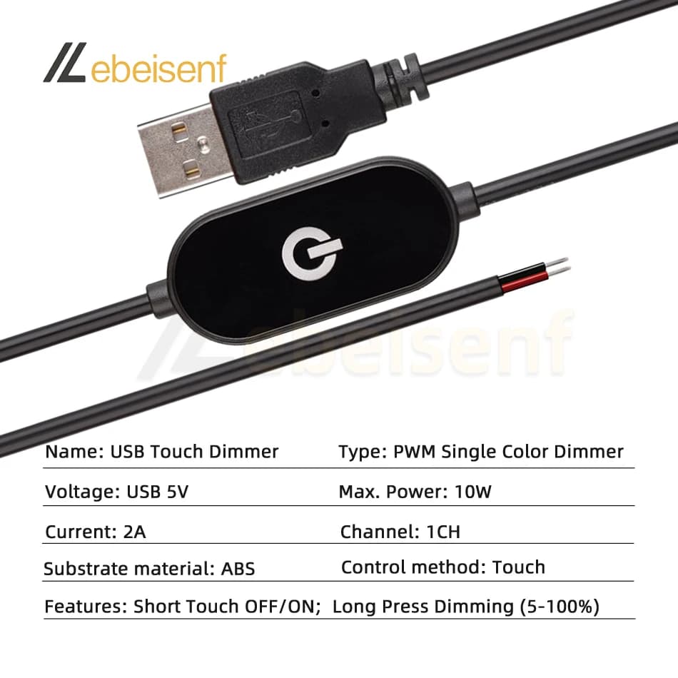Câble de commutation de gradation tactile USB 2A 5V, 1.5M, USB 2.0A à 2 fils de sortie 5-100%, contr