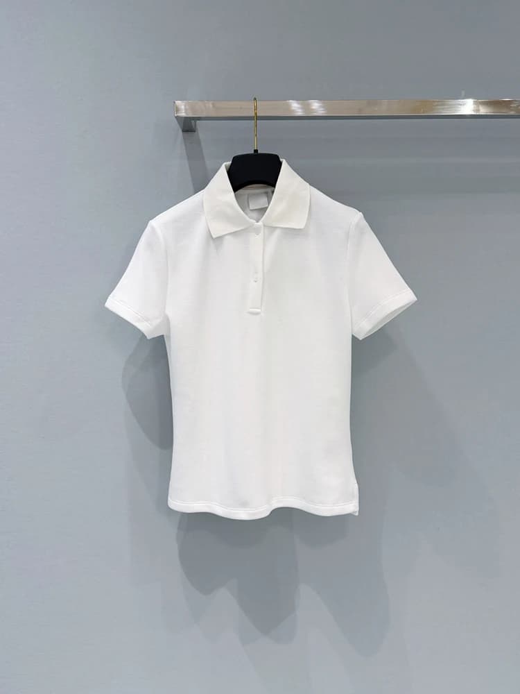 Polo en coton blanc slim décontracté pour femme, col rabattu, manches courtes, couleur unie, collect