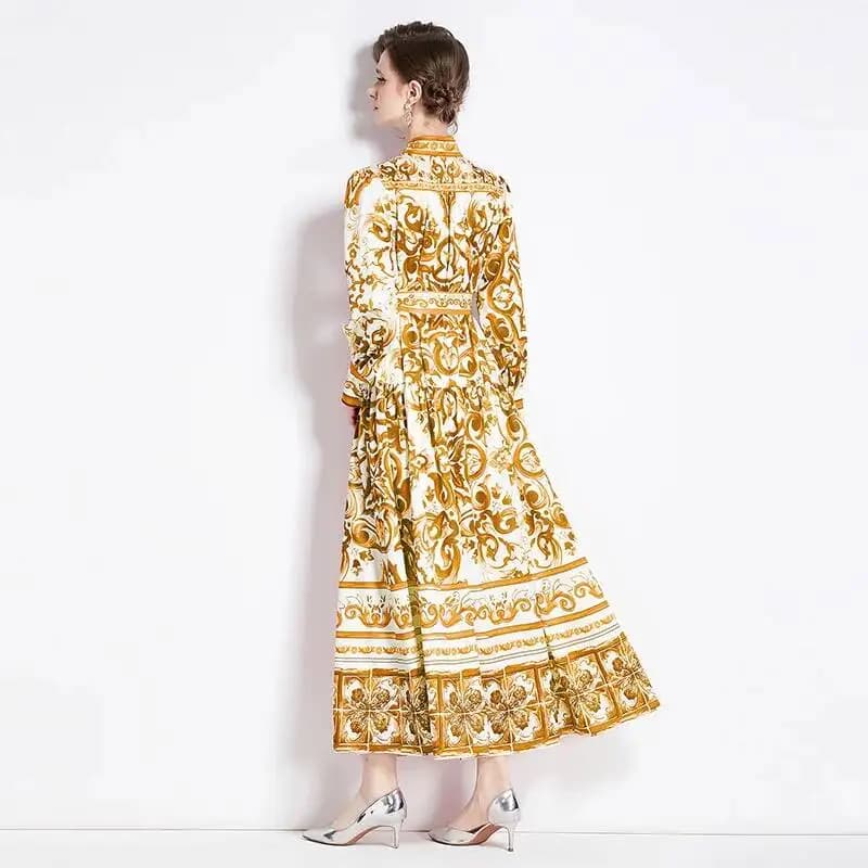Robe longue en porcelaine à boutonnage simple pour femme, imprimé floral jaune, ceinture en dentelle