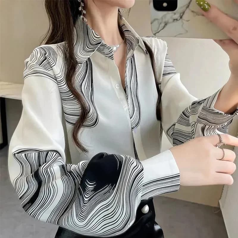 Chemisier en mousseline de soie à rayures pour femmes, chemise à manches lanterne, revers élégant, b