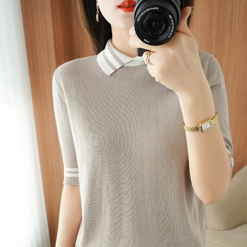 T-shirt tricoté 100% coton pour femmes, pull à manches courtes, décontracté, couture à revers, grand