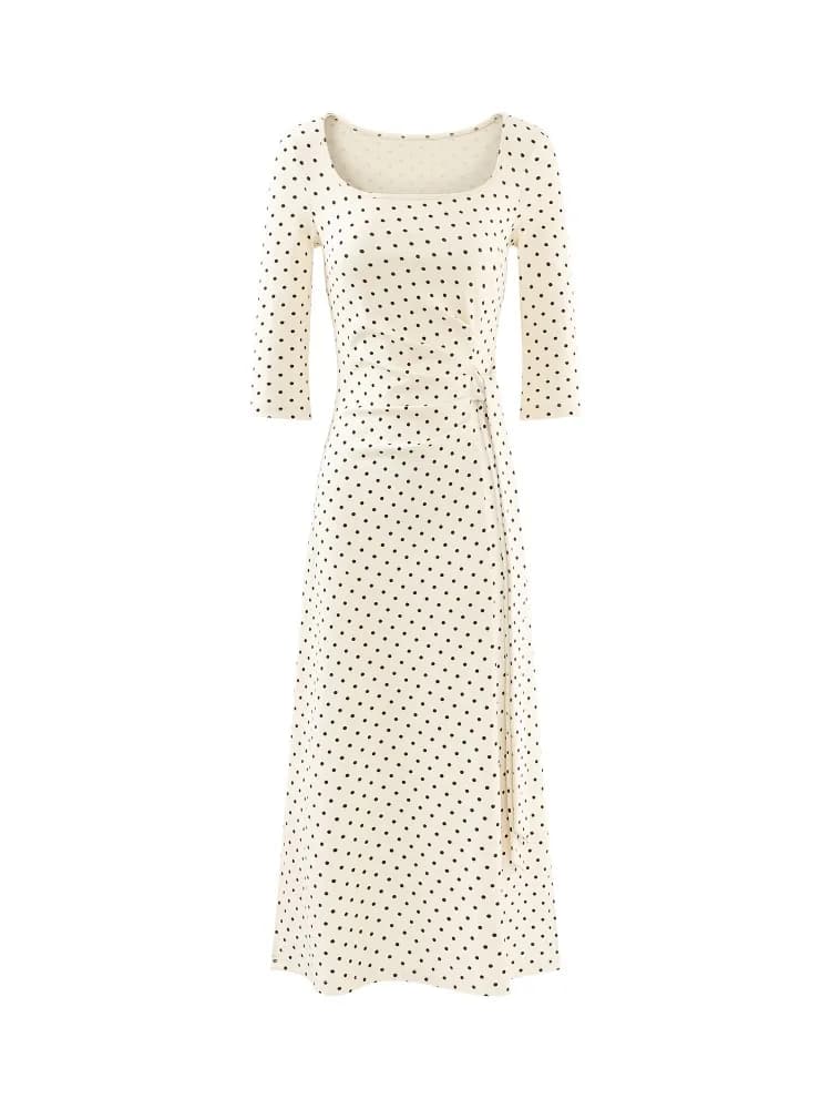 Robe mi-longue française élégante, Vintage, col carré, manches longues, coupe cintrée, cravate à la 
