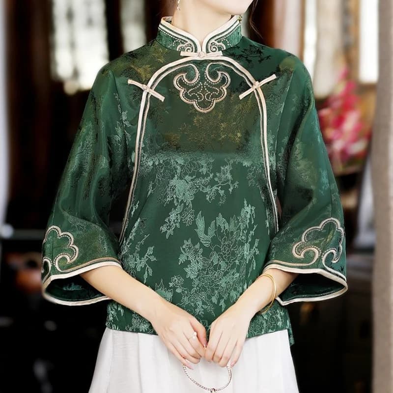 Chemise brodée de Style ethnique chinois pour femmes, Imitation soie, boucle, Costume Tang, Vintage,