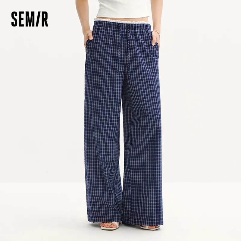 Pantalon Femme Semir à Carreaux 2026, Texturé, à Volants, Coupe Large, Style Urbain Décontracté, Dou