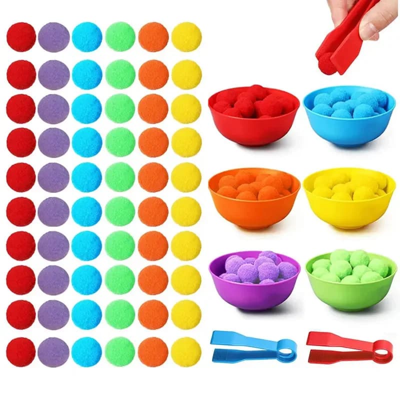 Jouets de comptage et de tri pour enfants, pompons, couleurs arc-en-ciel, bols en plastique, pincett