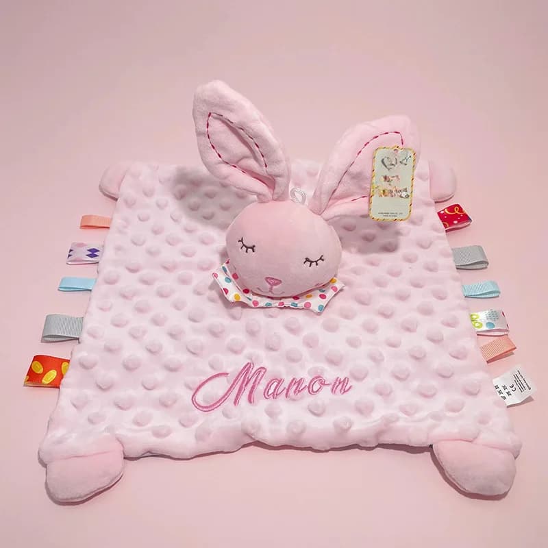 Doudou personnalisé avec nom, lapin en peluche et hochet en silicone pour bébés – Cadeau idéal pour 