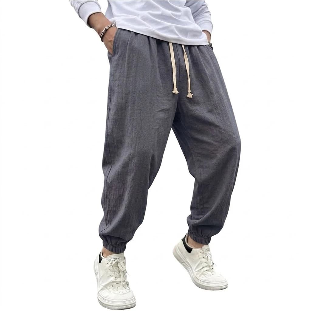 Pantalon Harem en Coton et Lin pour Homme – Couleur Unie, Style Sport Décontracté, Idéal Yoga, Joggi