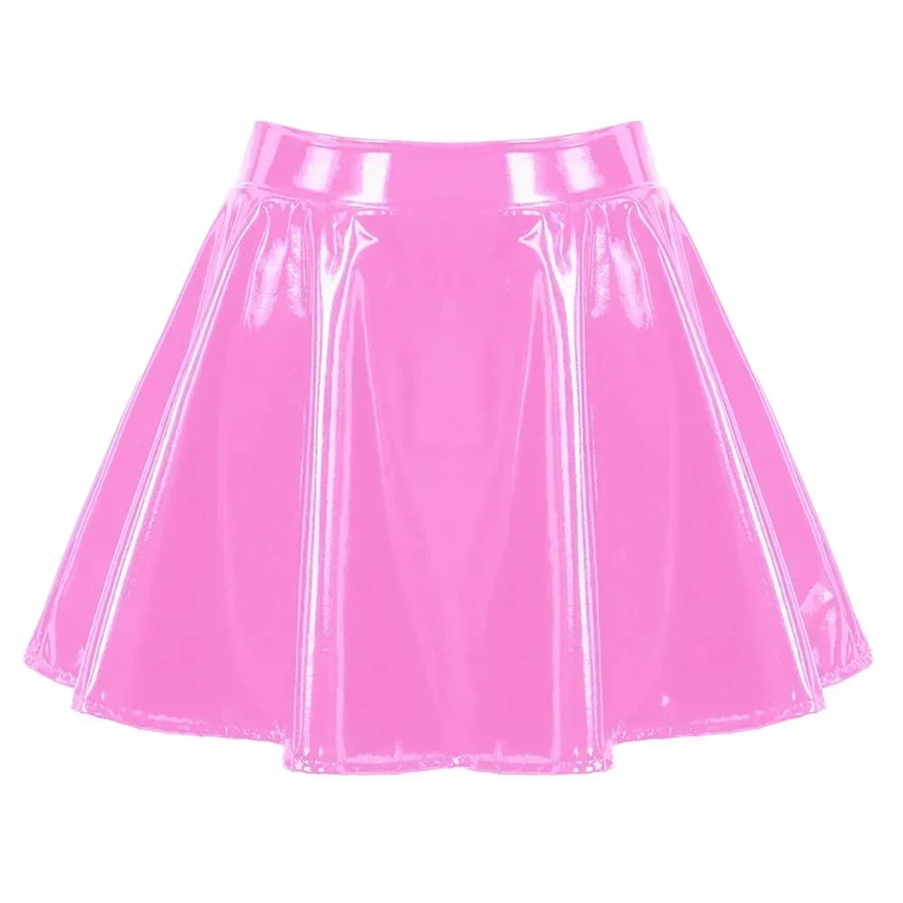 Mini-jupe évasée en cuir verni brillant pour femmes, jupe trapèze de danse, Clubwear, Costume de Cos