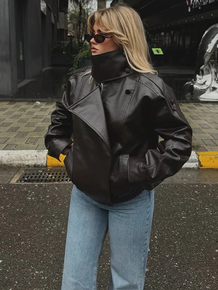 HH Veste en similicuir pour femme Printemps Automne 2026, style motard vintage oversize, coupe ample