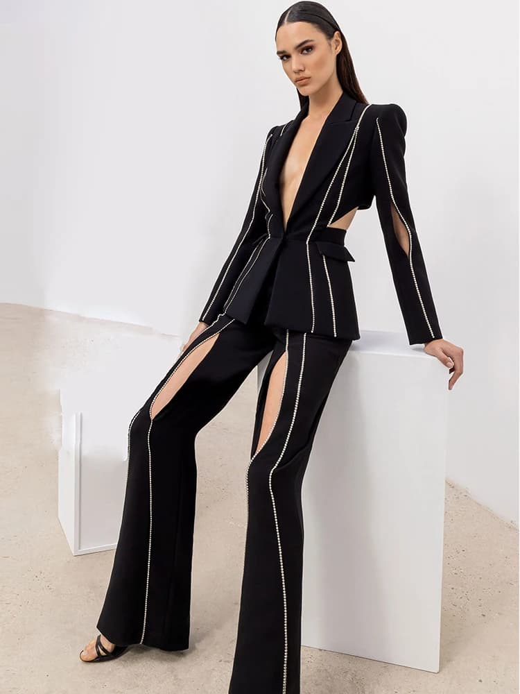 Ensemble blazer et pantalon évasé à revers perlé pour femme, bouton unique évidé, diamants, haute qu