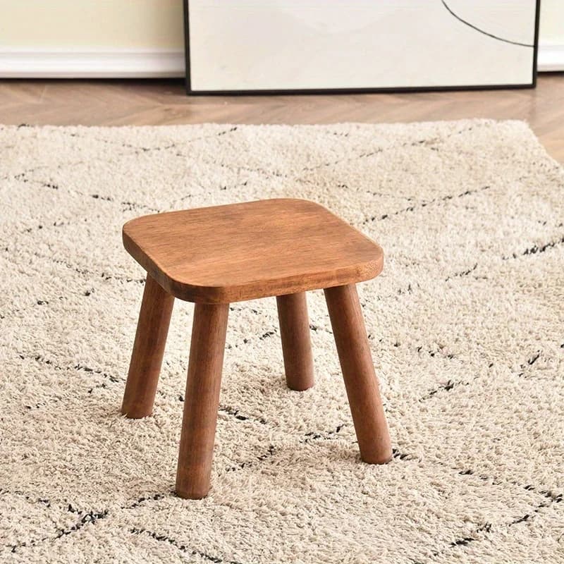 Petit tabouret en bois, bien équilibré, avec une finition en noyer foncé naturel, design simple, ada