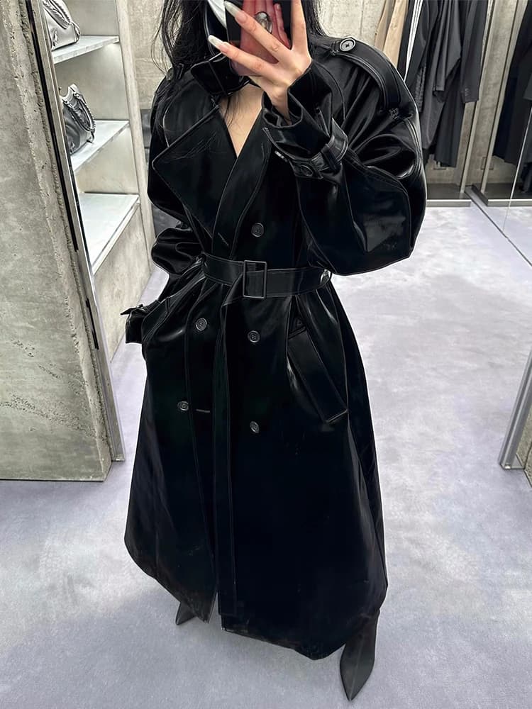 Lautaro printemps automne Extra Long surdimensionné Cool réfléchissant brillant noir en cuir verni T