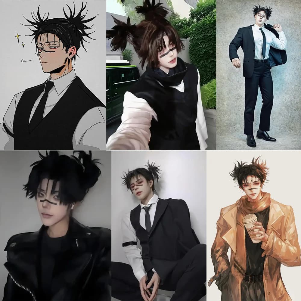 Perruque synthétique de Cosplay Anime Jujutsu Kaisen Choso, 14 pouces, Double queue de cheval noire,