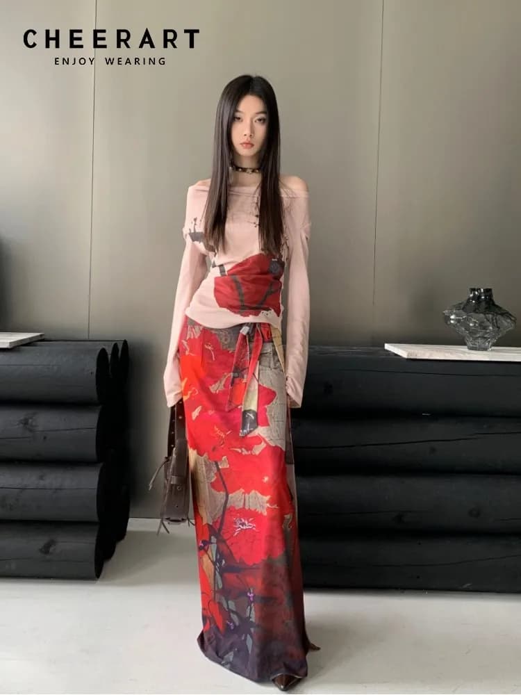 CHEERART Vintage rouge maille jupes longues pour femme à lacets Wrap Maxi jupe mode japonaise luxe c