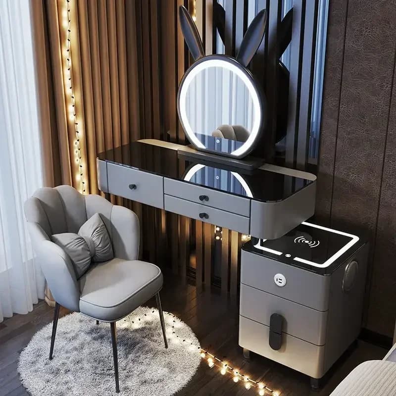 Coiffeuse moderne avec chargement sans fil intelligent, Table de maquillage multifonctionnelle de lu