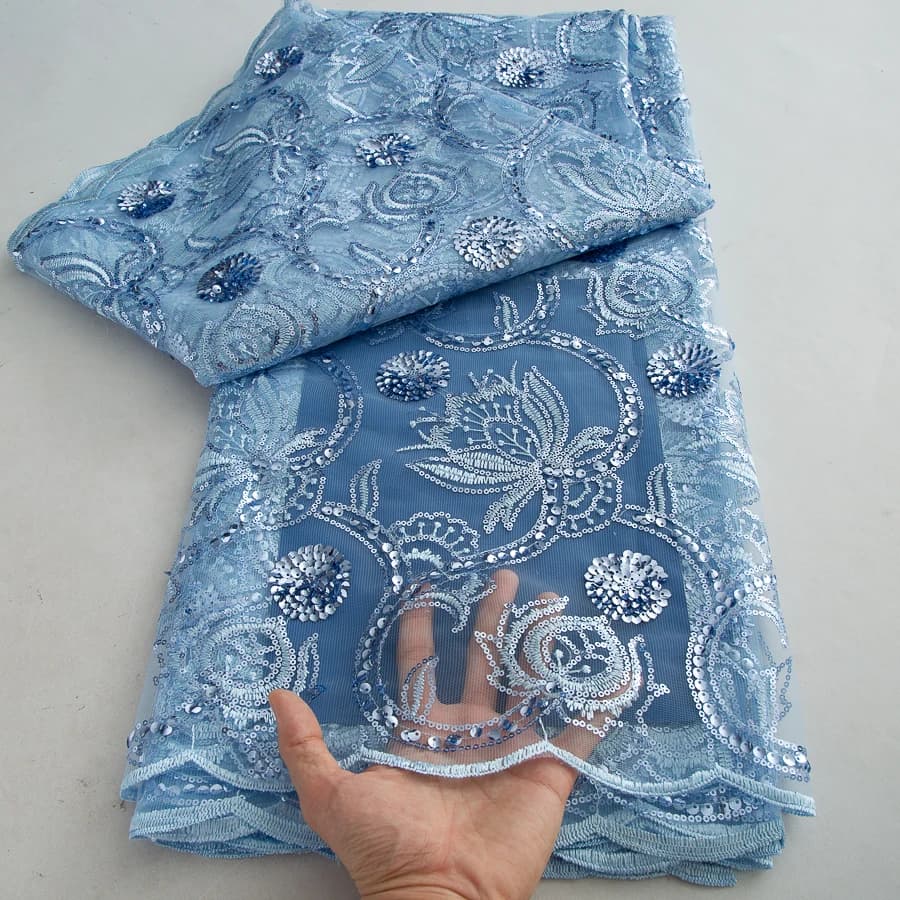 Tissu en dentelle de tulle bleu à sequins, broderie de luxe française pour robe de mariée, tissu en 