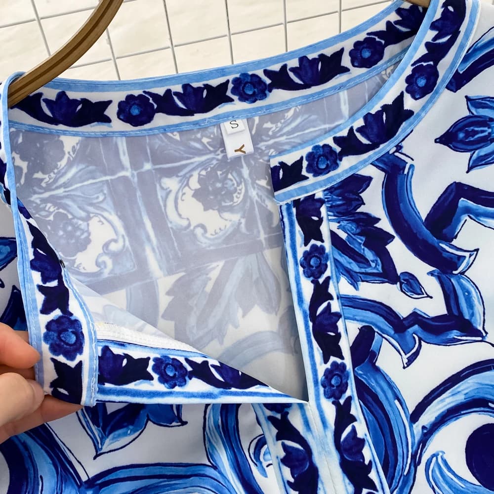 L'été Piste Bleu Et Blanc Porcelaine Lâche Longue Robe Femmes O-cou Manches Évasées Floral Inmprimé 
