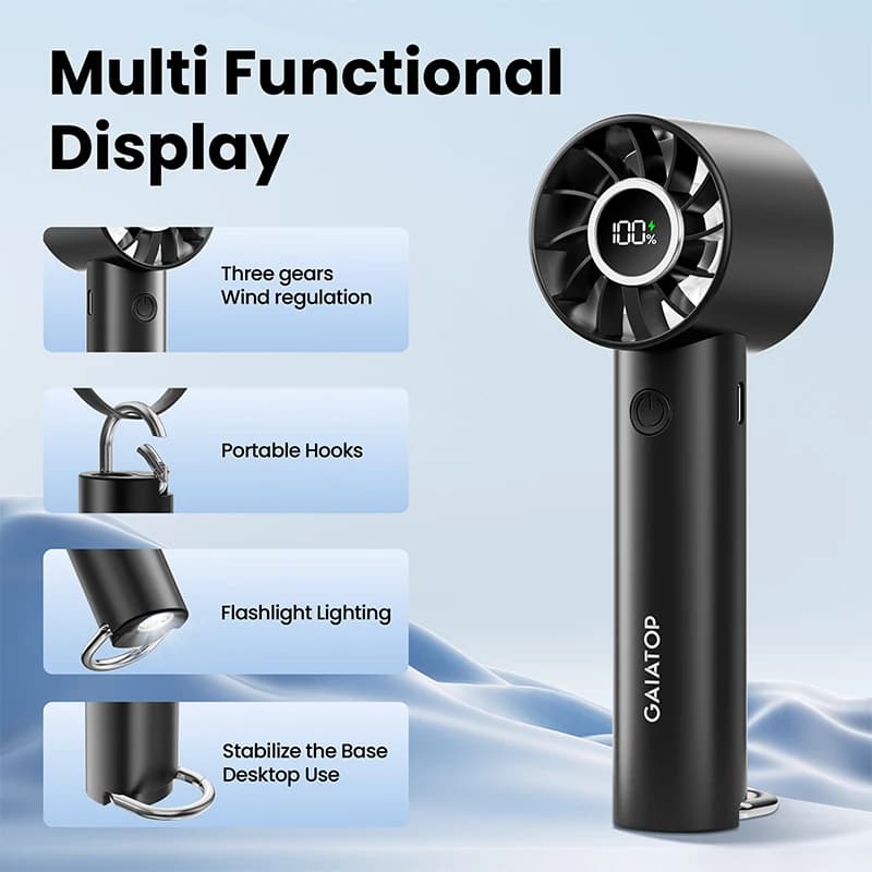 Mini ventilateur portable, ventilateur portable avec écran LED et lampe de poche, 3 vitesses 2000mah