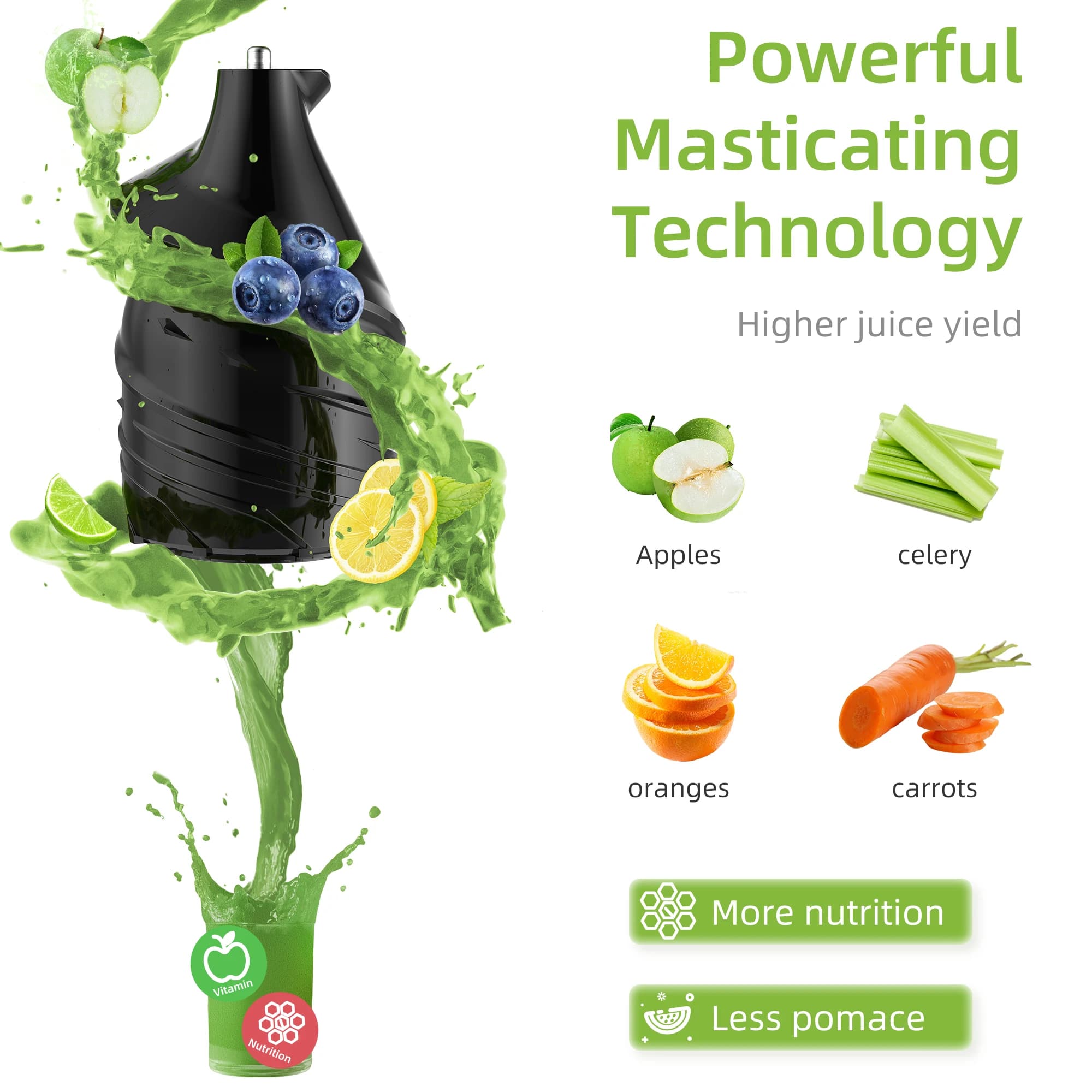 BioloMix Presse-agrumes à pression froide avec goulotte d'alimentation de 75 mm, extracteur de jus à