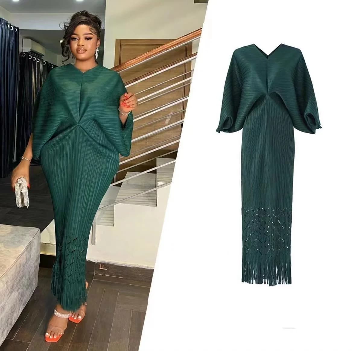 ANLAN robe de créateur plissée mode solide manches chauve-souris col en v formelle Festival robes de