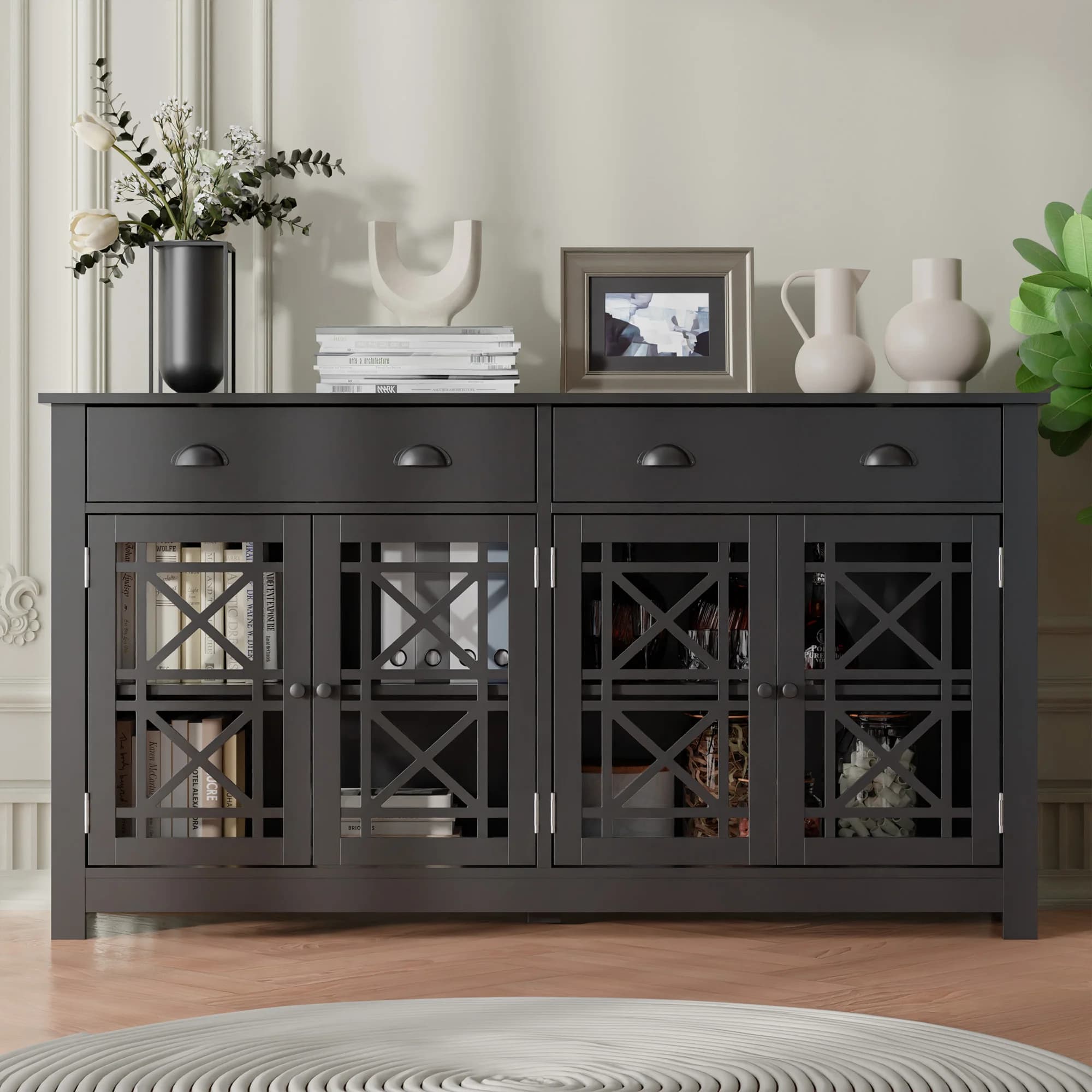Buffet en bois avec 4 portes en verre acrylique, armoire de bar autoportante, armoire de planche mod