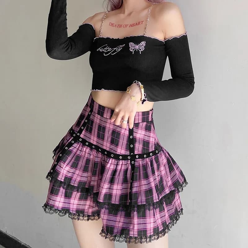 Lolita gâteau Mini jupes gothique japonais Harajuku filles violet rose Plaid jupe plissée Punk doux 