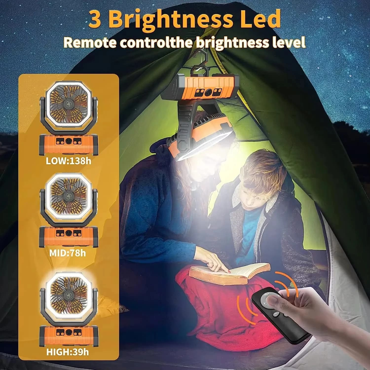 Ventilateur portatif à piles de 20000mAh, Rechargeable, pour bureau/Camping, avec lumière LED et cro
