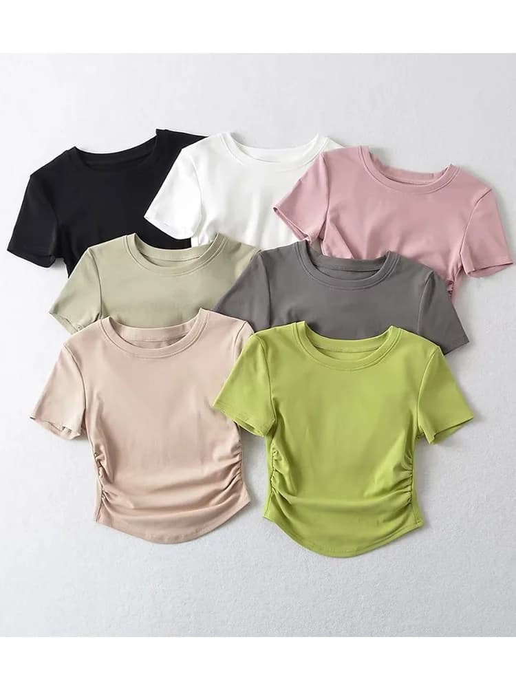 T-shirt à manches courtes et col ras du cou pour femmes, Harajuku, en coton, avec détails sur les cô