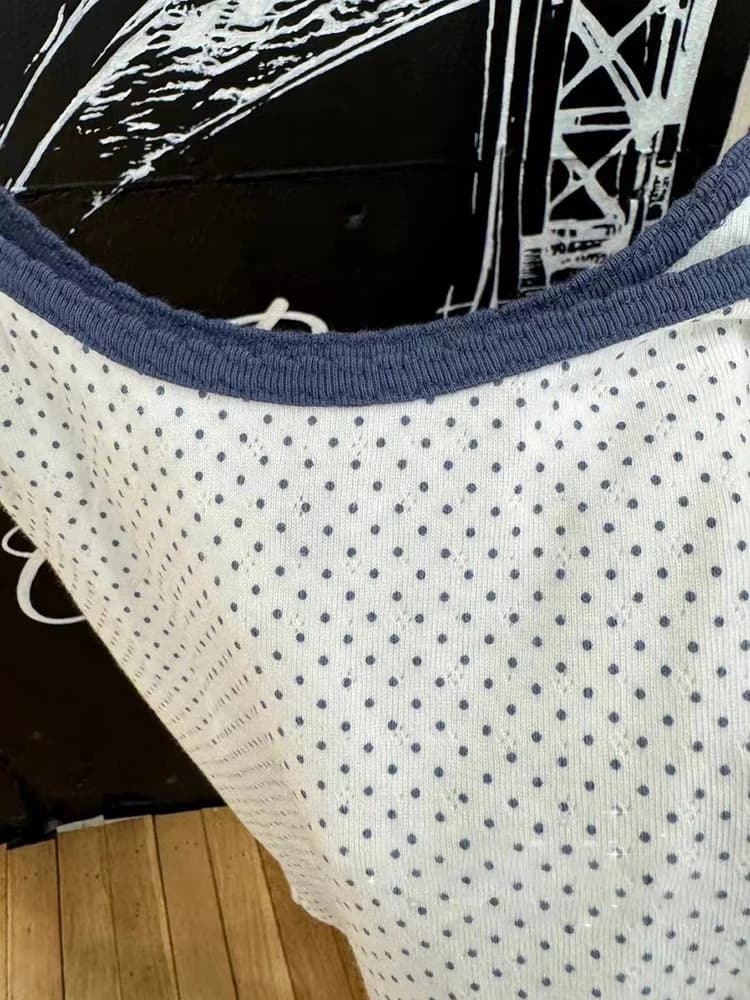 Camisole courte à pois à œillets pour femmes, haut court en fibre de coton, patchwork vintage, dente
