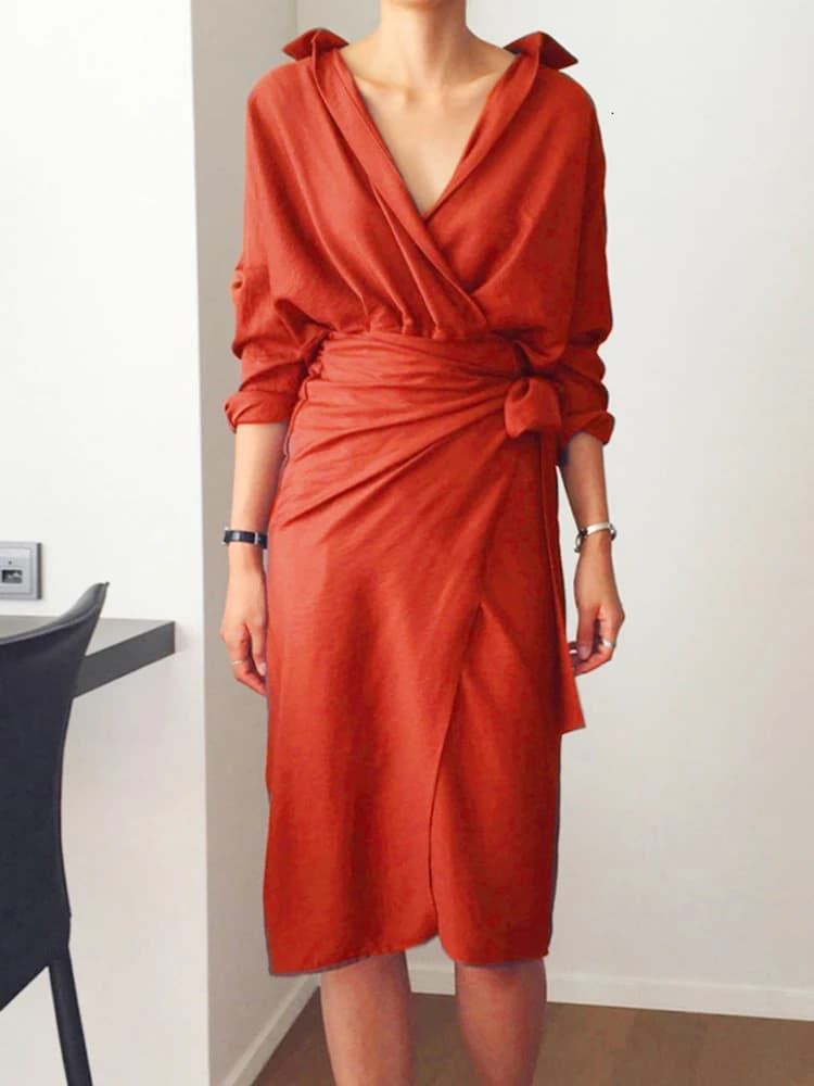 TWOTWurea YLE-Robe coréenne froncée à lacets pour femmes, col en V, manches longues, taille haute, f